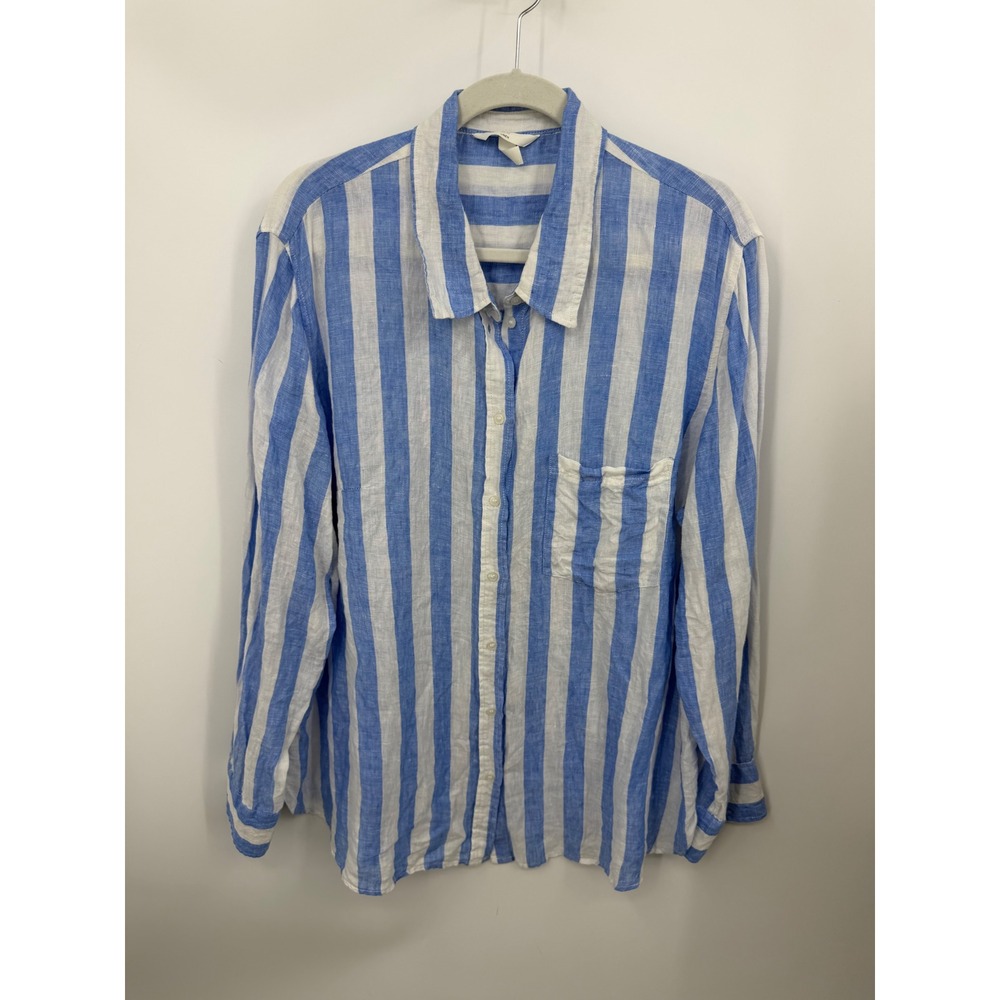 H&M Linen Button Down Shirt Women XL Blue White Striped Long Sleeve Pocket